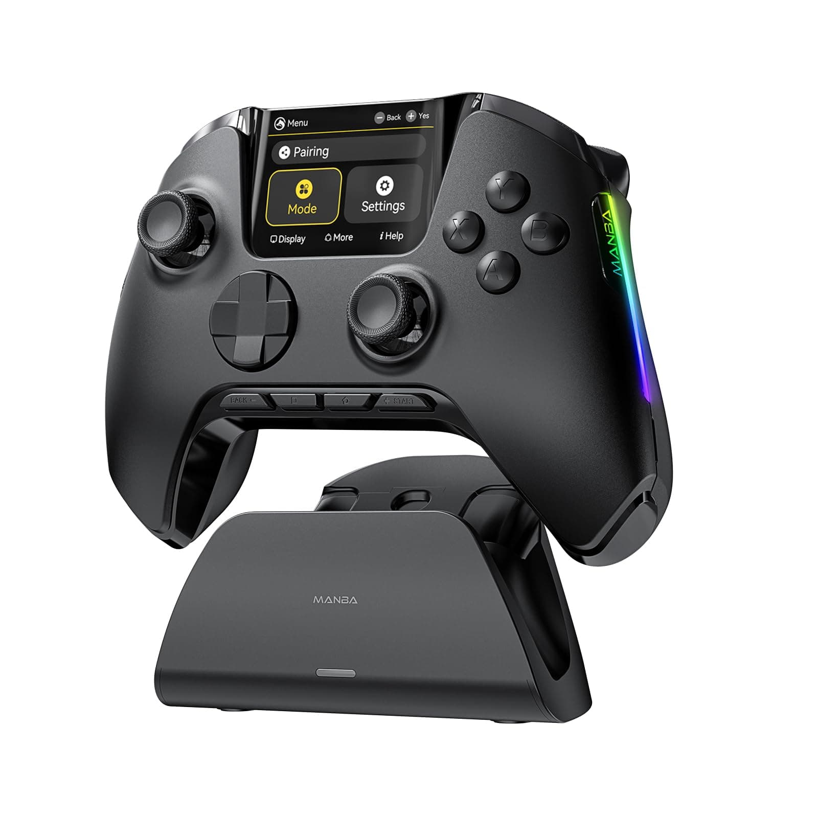 (No Drift) ManbaOne Interactive Screen Wireless Gaming Controller for Switch/PC/iOS/Android,Hall Effect Stick & Trigger,RGB Lighting,Remappable Buttons,1800mAh with Charging Dock (Black)