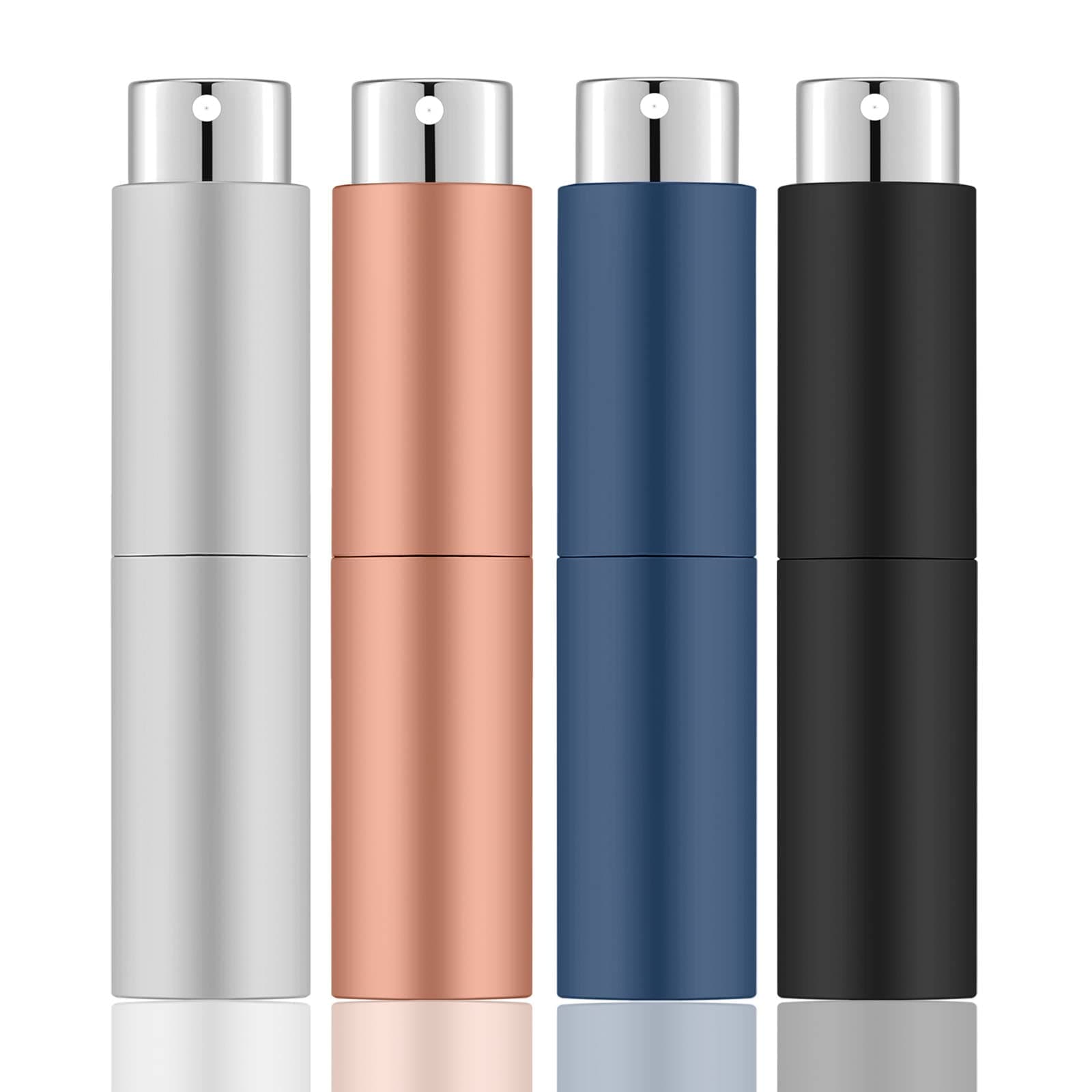 Lil Ray 8ML Portable Mini Perfume Atomizer Spray Bottle(4 PCS), Travel Refillable Atomizer Sprayer for Perfume,Cologn, Fragrance with Twist Design (Matte Black&Rose Gold&Blue&Silver)