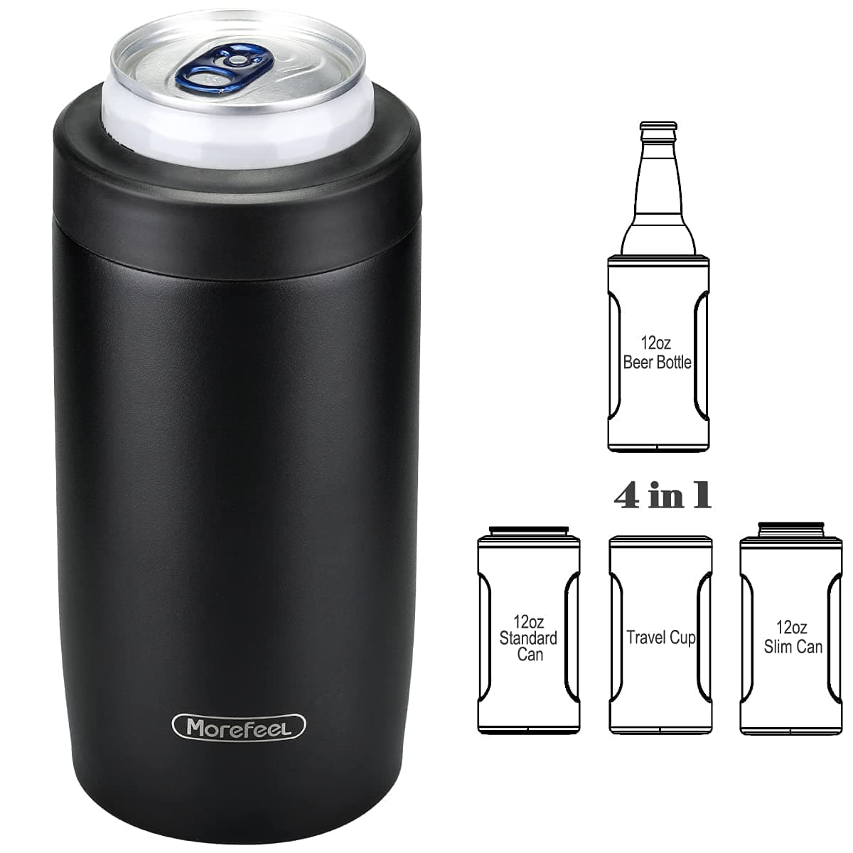 MoreFeel 4-in-1 Skinny Can Cooler Double Wall Stainless Steel Insulated Can Holder, Works With 12 Oz Slim Can,Standard Cans,Beer Bottles & As Pint Cups