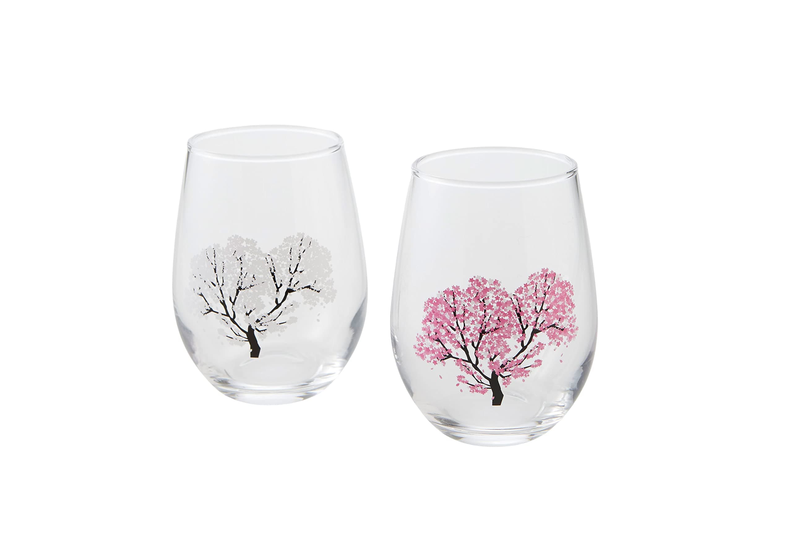 丸モ高木陶器 Japanese Sakura Cherry Blossom Color Changing Glass Cups (Pair) Magical Blooming Wine Gl