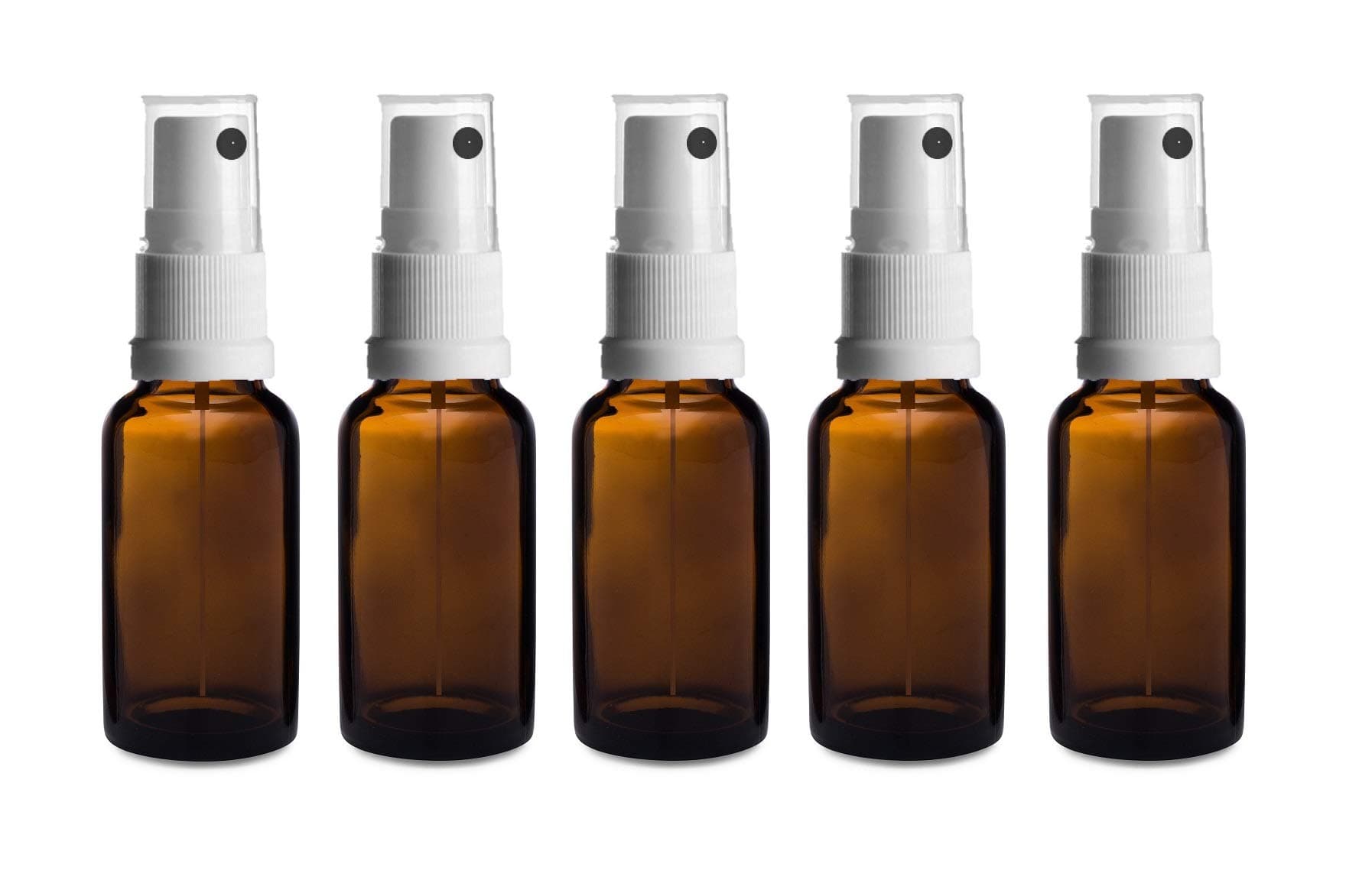 Avalon 20ml Amber Brown Glass Bottles with White Atomiser Spray - Pack of 5 - Refillable, Reusable, Travel Sized - Perfect for Aromatherapy, Perfumes, Essential Oils, Aftershaves, Skincare and More