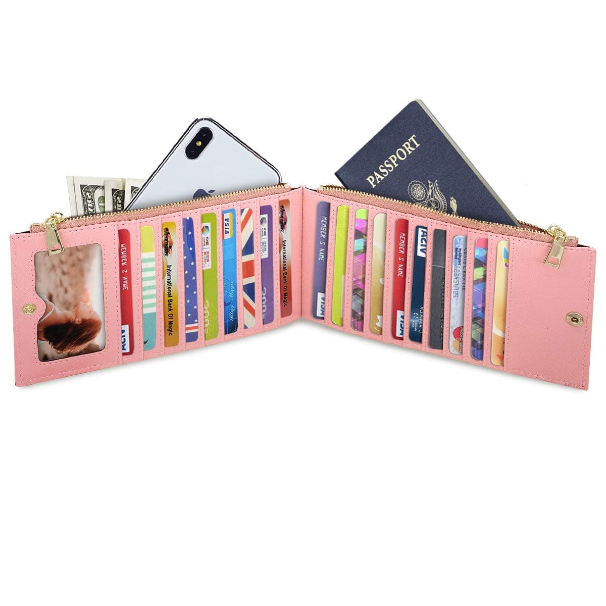 Women's RFID Blocking Glitter Leather Multi Card Organizer Bifold Pink Wallet with Zipper Pocket Rose Gold Long Wallet, mulch