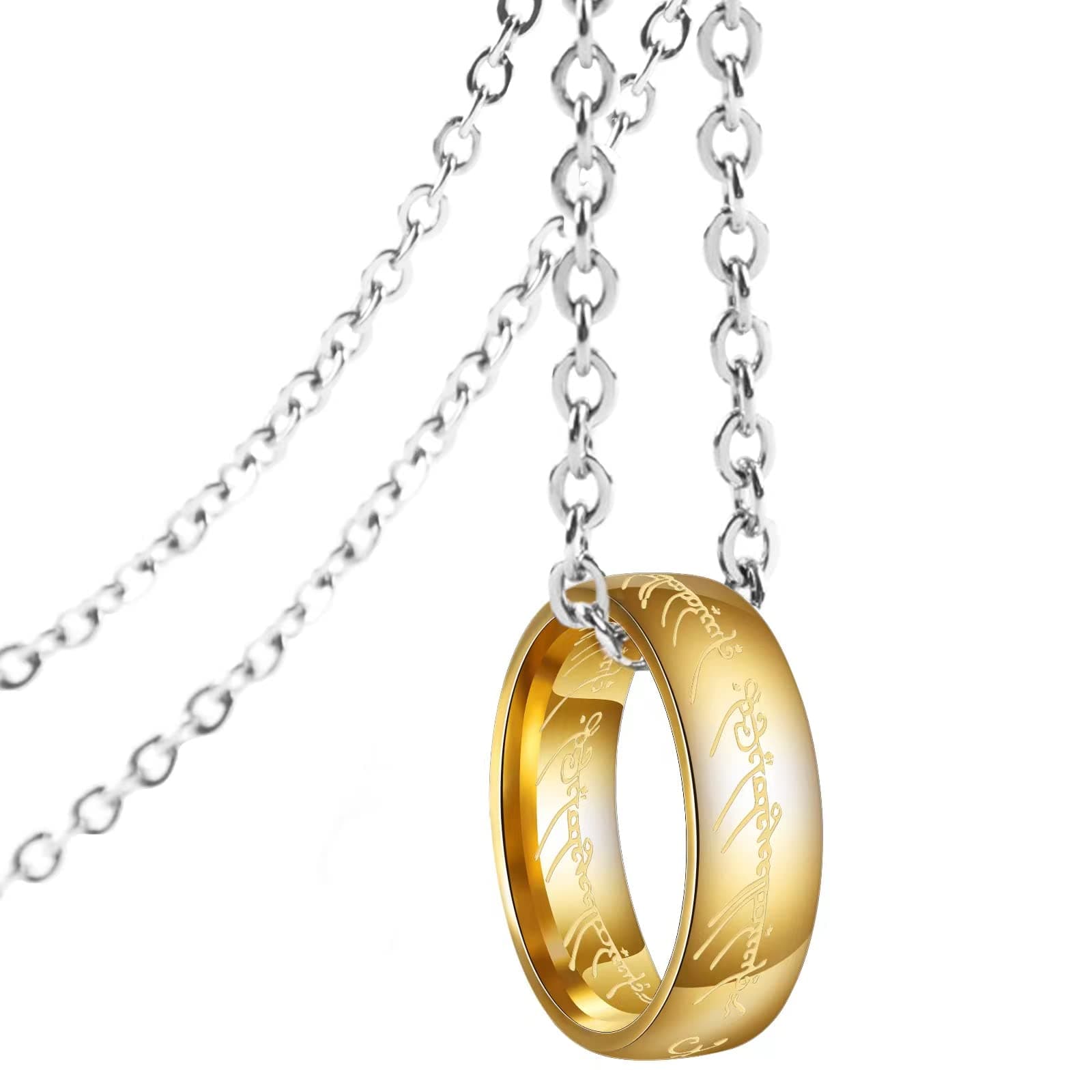 ZKBKJSPZJBEngraved Gold Plated Stainless Steel Ring Pendant Chain Necklace