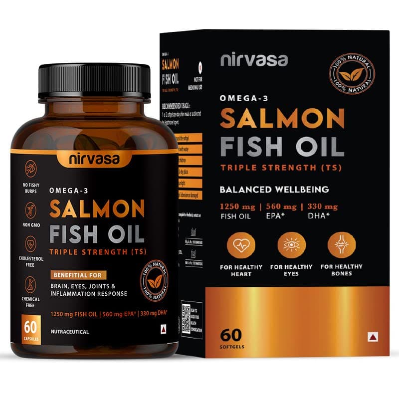 Nirvasa Omega 3 Salmon Fish Oil Softgels (Triple Strength, 60 Capsules) 1250mg | 560mg EPA & 400mg DHA | Supports Heart, Brain, Eye & Bone Health | No Fishy Burps | For Men & Women- Pack of 1