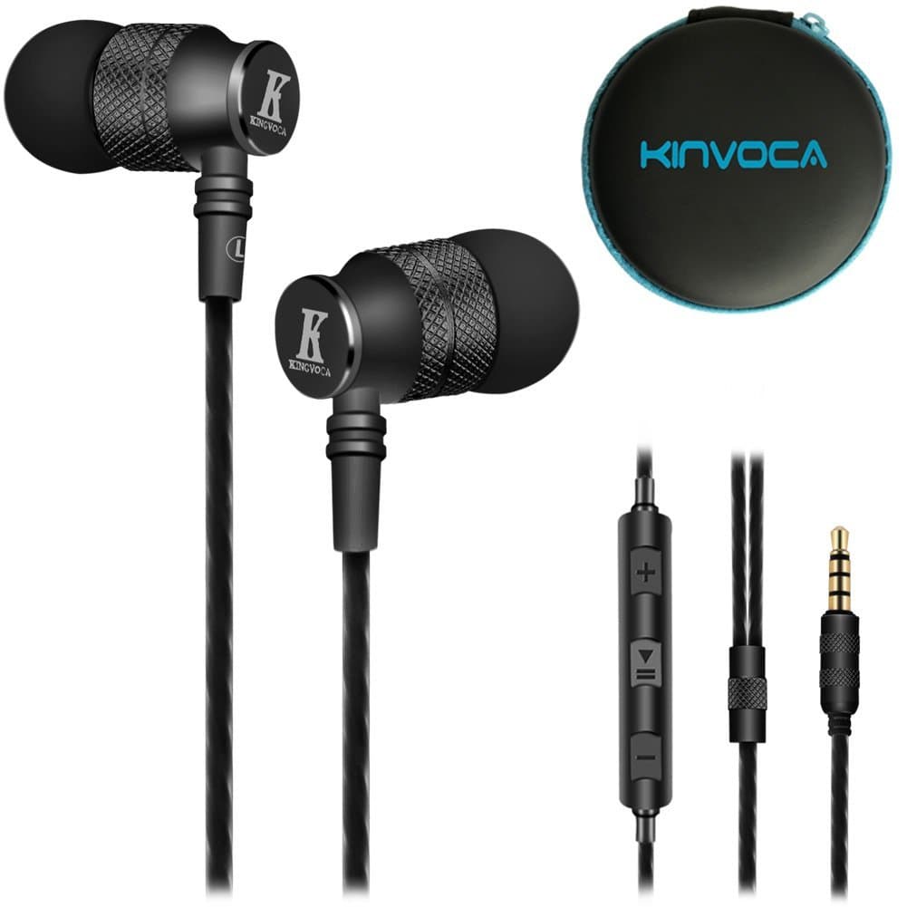 KINVOCA Wired Metal In Ear Earbuds Headphones with Microphone Volume and Case, Bass Stereo Noise Isolating Inear Earphones Ear Buds for Cell Phones, Aluminum Alloy, Carabiner, 3.5mm Jack, Black