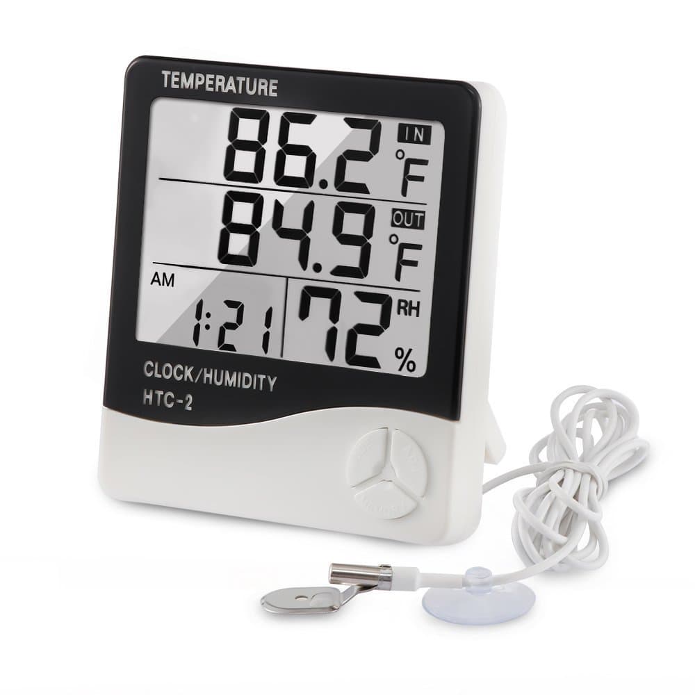Digital Thermometer Hygrometer Indoor Outdoor Temperature Meter Humidity Monitor with LCD Alarm Clock, 3M Probe Cord Temperature Humidity Gauge for Bedroom Greenhouse Garage Warehouse,Fahrenheit or Ce