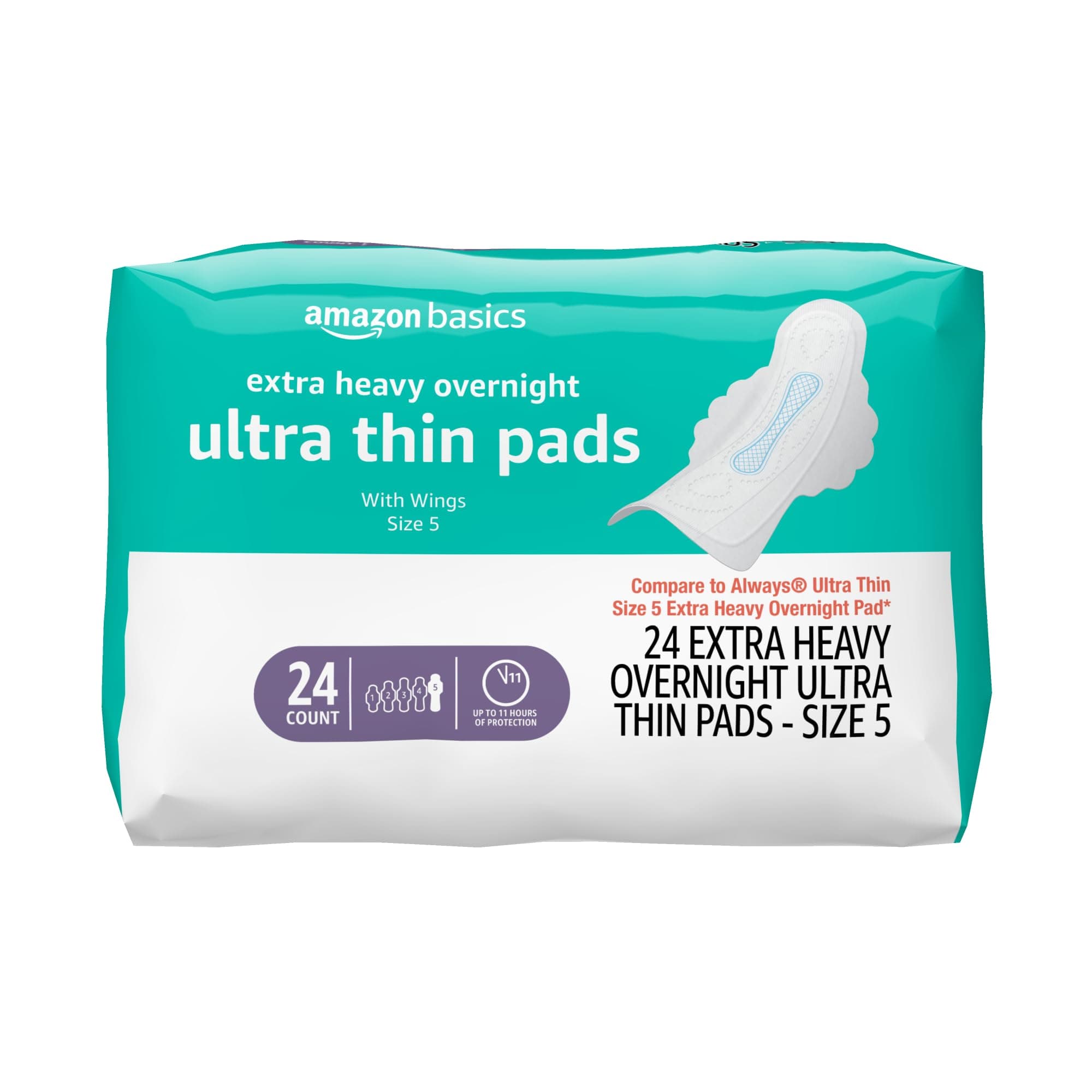 Ultra Thin Pads with Flexi-Wings for Periods, Extra Heavy Overnight Absorbency, Unscented, Size 5, 24 Count, 1 Pack (Previously Solimo)