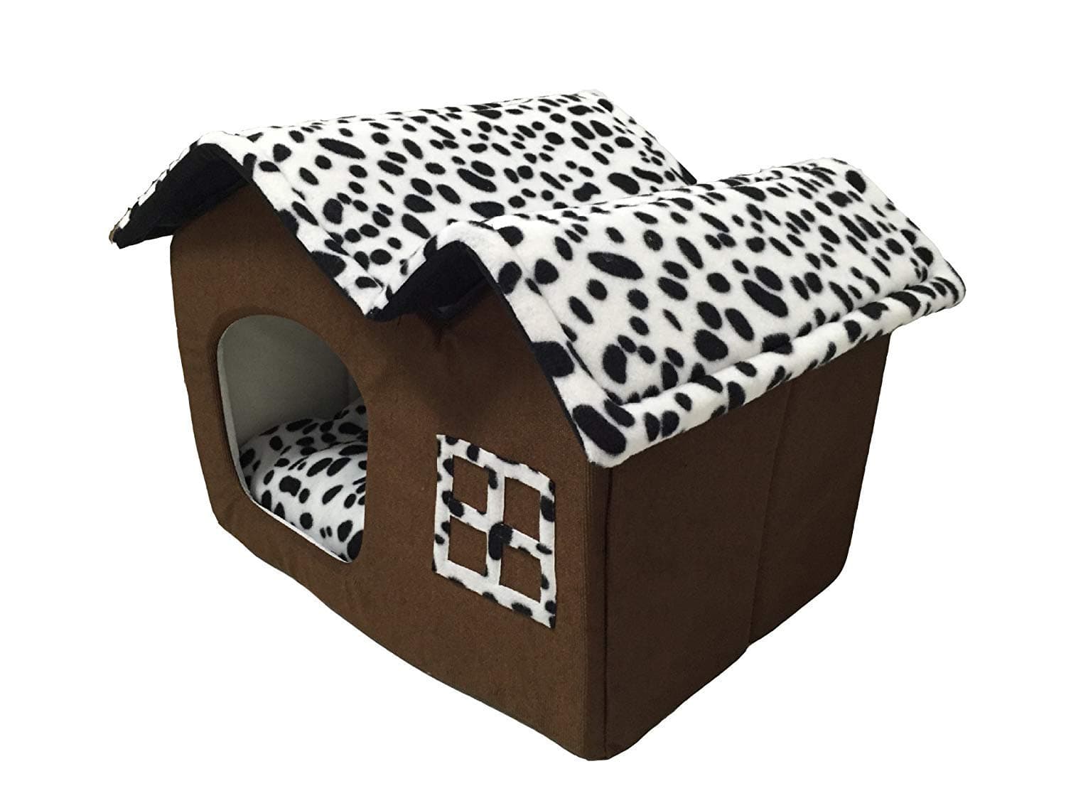 WOWOWMEOWPortable Pet Indoor Soft Dog House Bed Removable Cushion Included, Foldable Small Dog Cat Warm House Bed (Double Roof- Coffee)