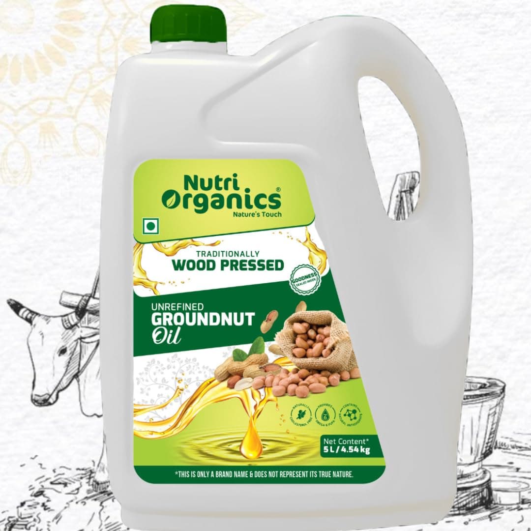NutriOrganics Cold Pressed Groundnut (Peanut) Oil, 5L|Pure & Unrefined|Kolhu/Kacchi Ghani/Chekku/Ganuga|Natural & Chemical-Free|Rich Aroma & Flavor|Cooking Oil