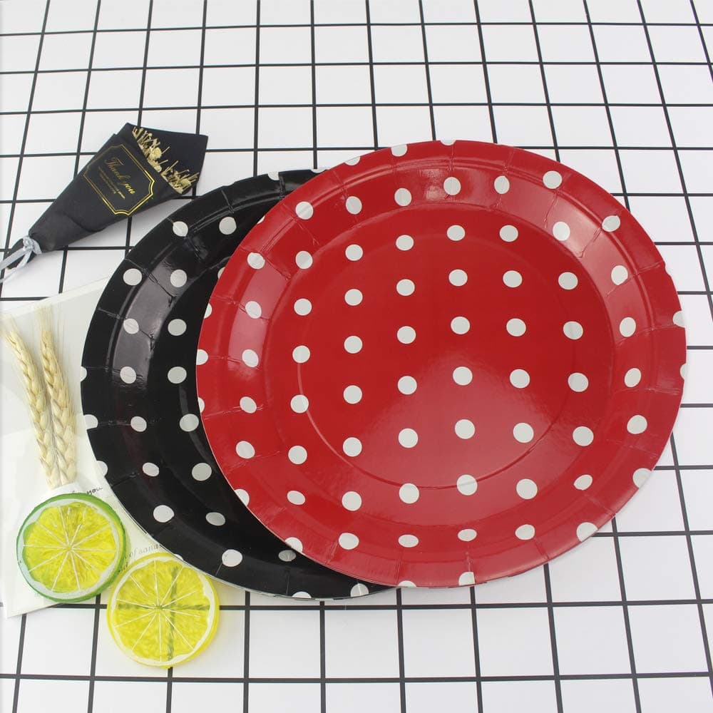 7-inch 24 Count Red Black Paper Plates, Disposable Dessert Cake Party Plates for Birthday Party, Reunion, BBQs, Picnics