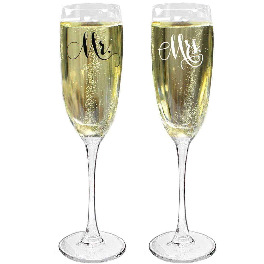 Mr. and Mrs. Wedding Glass Champagne Toasting Flutes, Reception or Engagement Bride and Groom Glasses, Set of 2