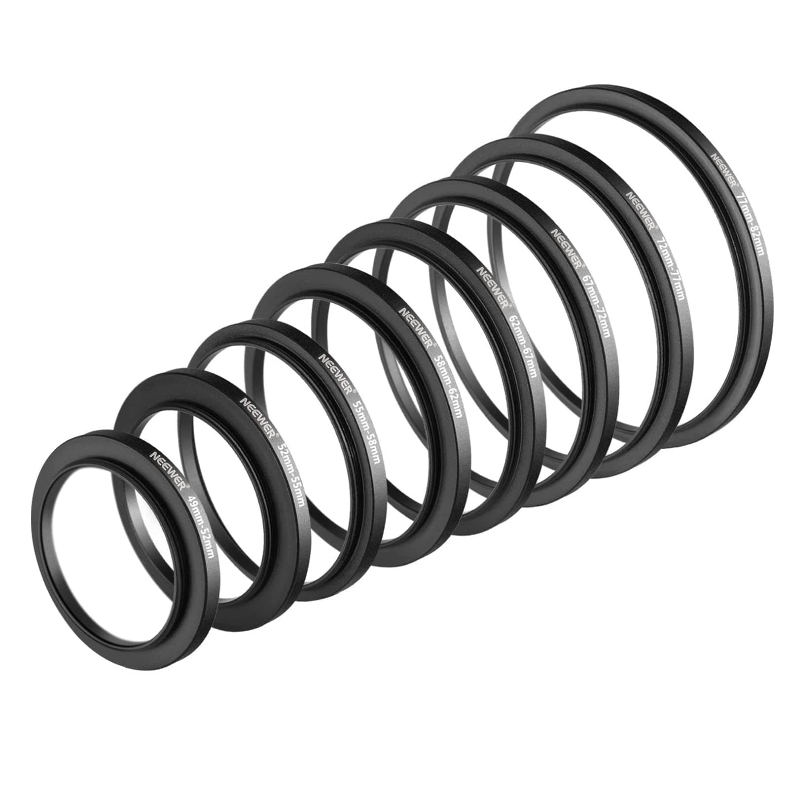 Neewer® 8 Pieces Step-up Adapter Ring Set Made of Premium Anodized Aluminum, Includes: 49-52mm, 52-55mm, 55-58mm, 58-62mm, 62-67mm, 67-72mm, 72-77mm, 77-82mm-Black