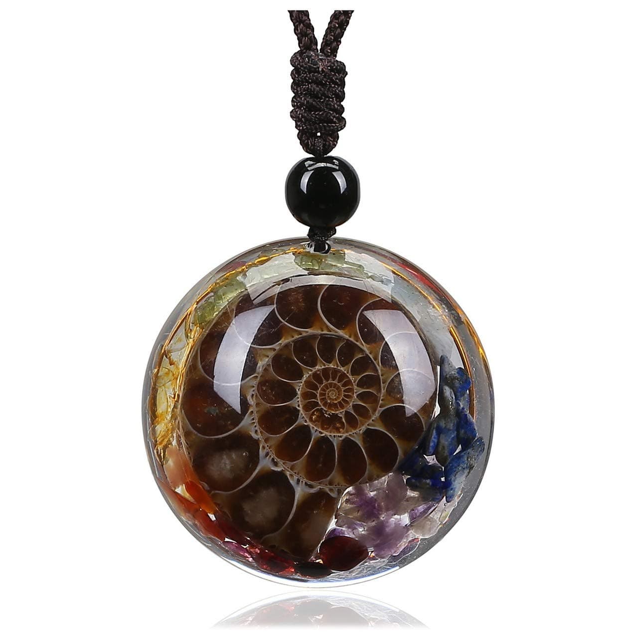 7 Chakra Healing Crystal Stone Necklace Ammonite Fossil Natural Round Gemstone Spiral Protection Amulet Pendant Necklace for Women Men Jewellery