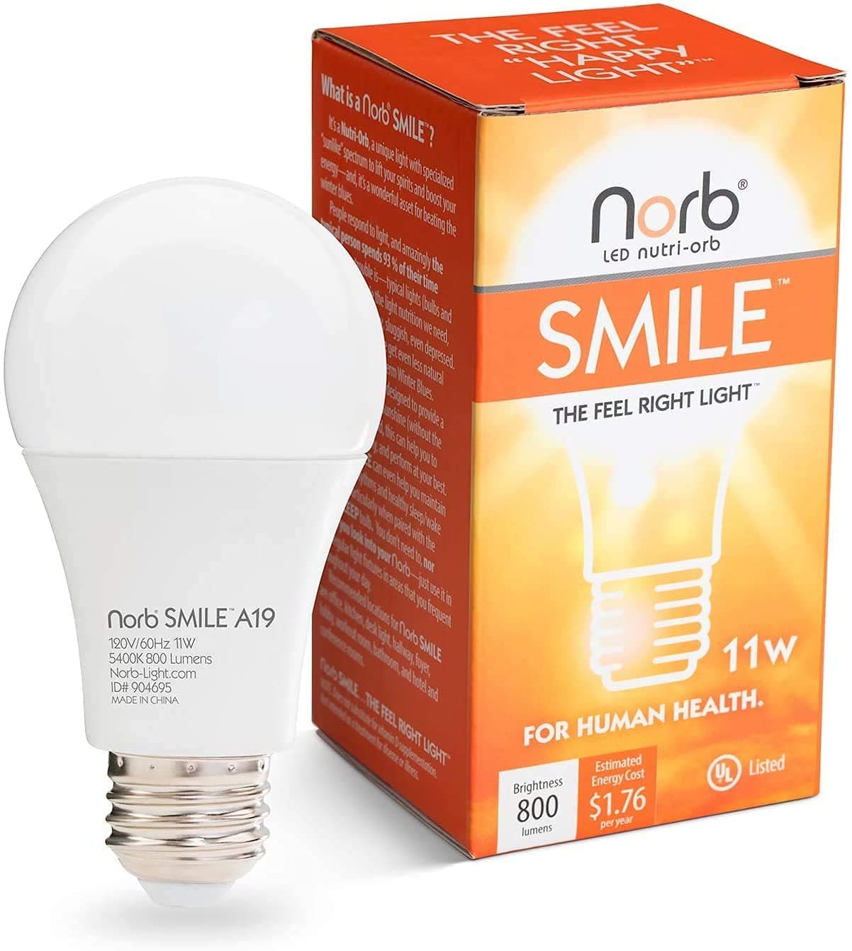 Norb NorbSMILE Full Spectrum Light Bulb - Sunlike Premium A19 Wellness LED. Boosts Energy, Mood & Performance. Supports Circadian Rhythm. Near-Perfect Color Rendering. Patented. US Based (1-Pack)