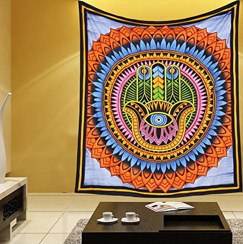 Shubhangie Hamsa Hand Tapestry Wall Hanging Hamsa Tapestry Ethnic Decor, Hamsa Hand of Fatima Good Luck Symbol Oriental Ornament Meditation Tapestry Hamsa Hand Throw Indian Hippie Tapesty