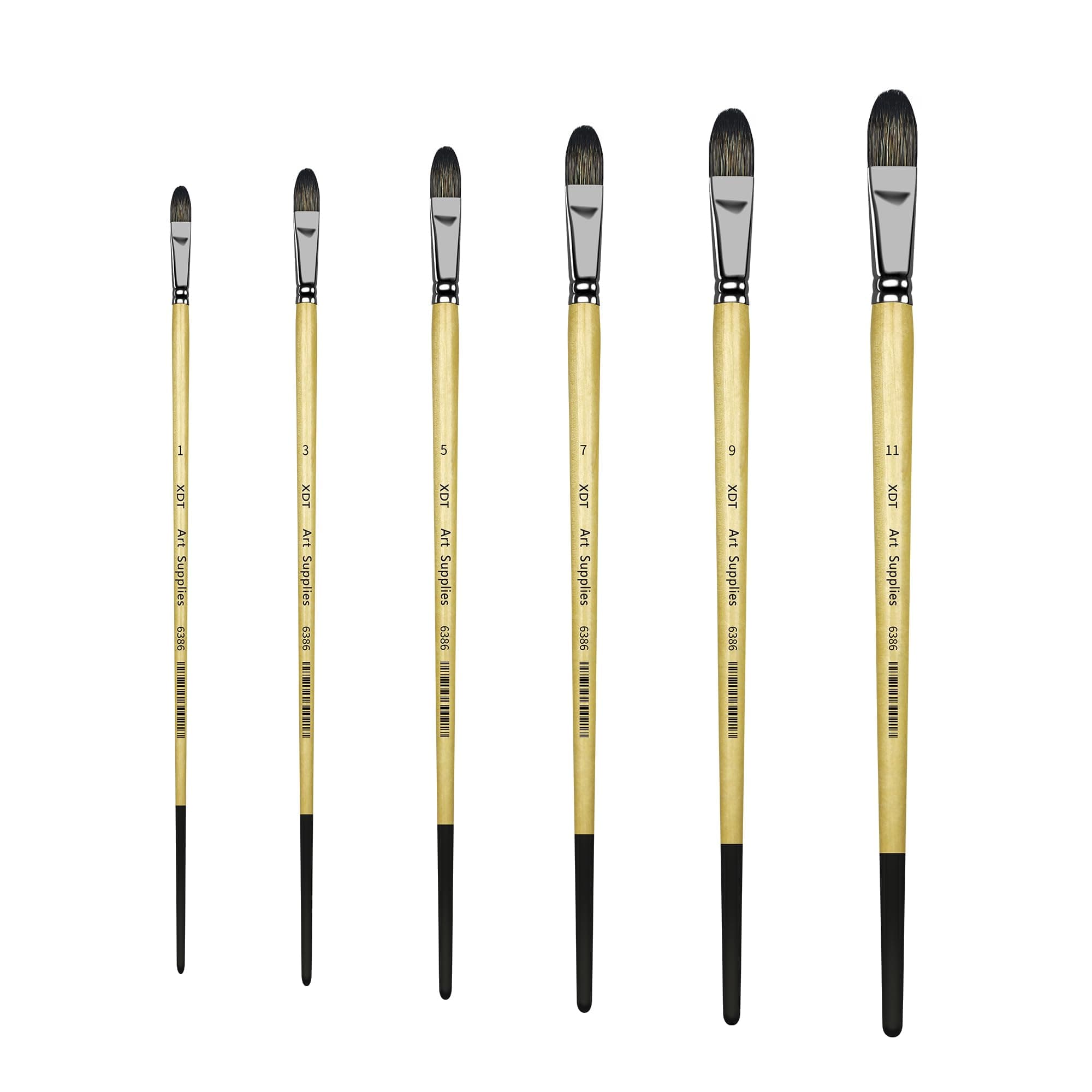 XDT#6386 Filbert Artist Paint Brush 6 Piece Set Medium Stiff Black Hog Bristle Extra Long Handle #1#3#5#7#9#11, Acrylic Oil Watercolor