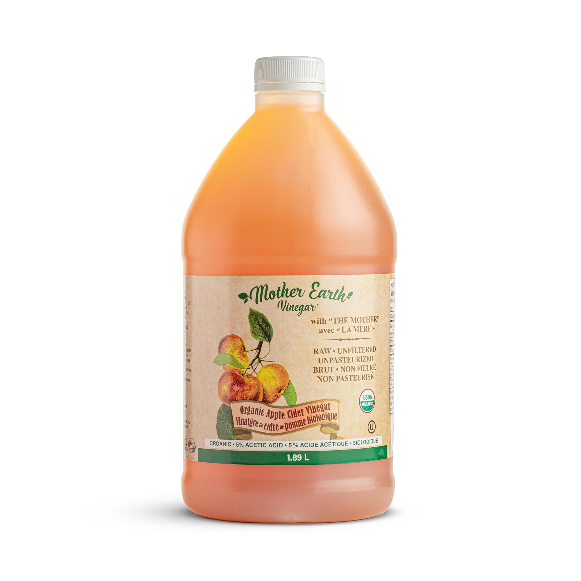 Mother Earth, Organic Apple Cider Vinegar with The Mother, Half Gallon, Fresh Pressed Organic Apples, OACV, ACV, Raw, Unpasteurized, Unfiltered (1/64oz Bottle)
