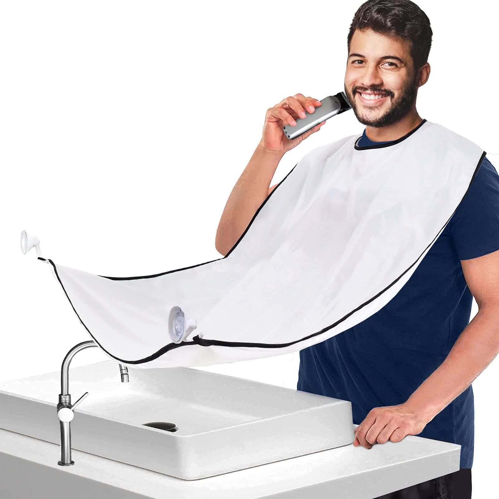 AksiceBeard Trimming Catcher Bib, Beard Hair Catcher for Men Shaving, Non-Stick Beard Apron Cape Grooming Cloth, with 4 Suction Cups - White