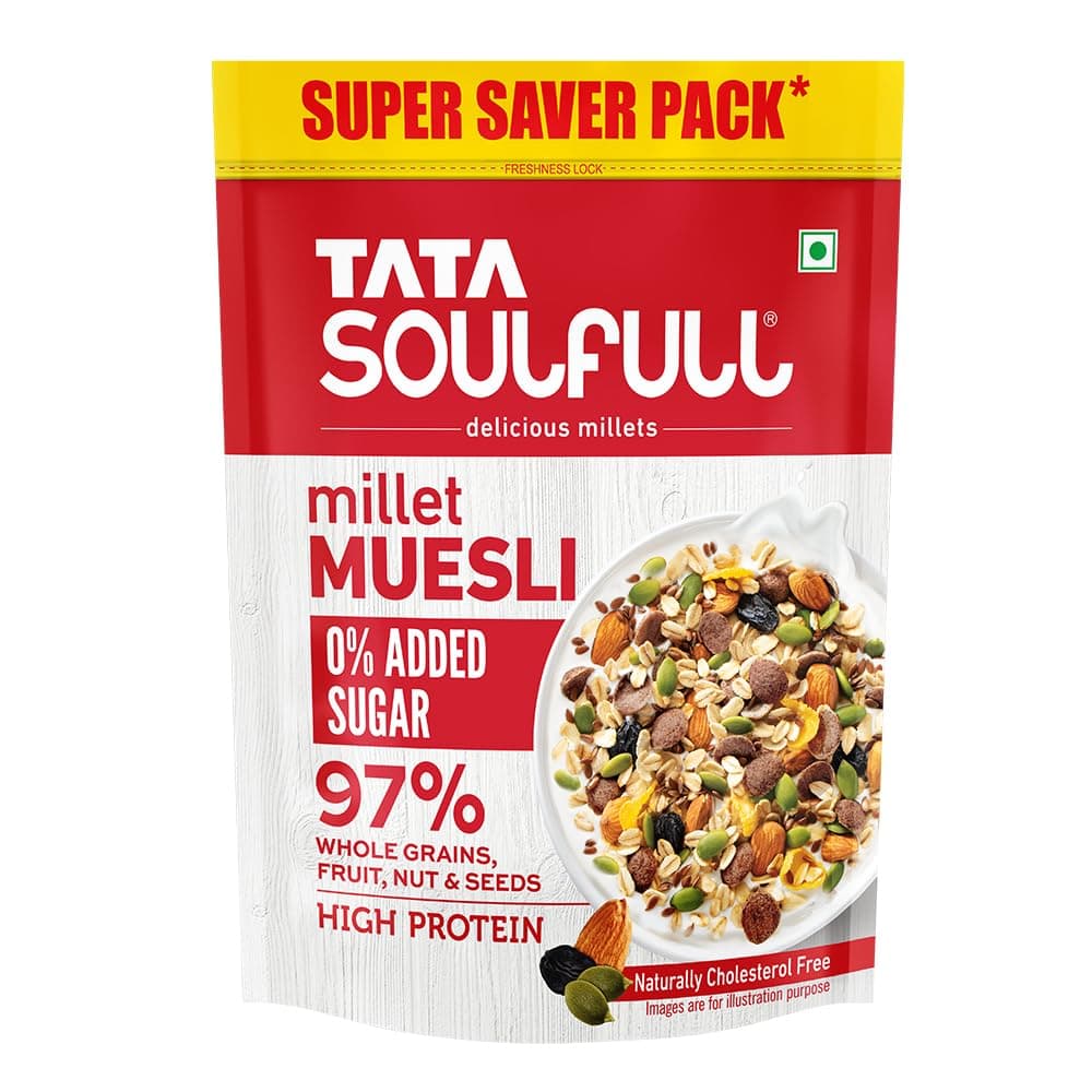 Tata Soulfull 0% Added Sugar Millet Muesli, 700 g, High Protein, Rich in Fibre, 97% Wholegrains, Fruit, Nut & Seeds, Contains Ragi Flakes, Contains Almonds, Flax Seeds, Chia Seeds, Pumpkin Seeds