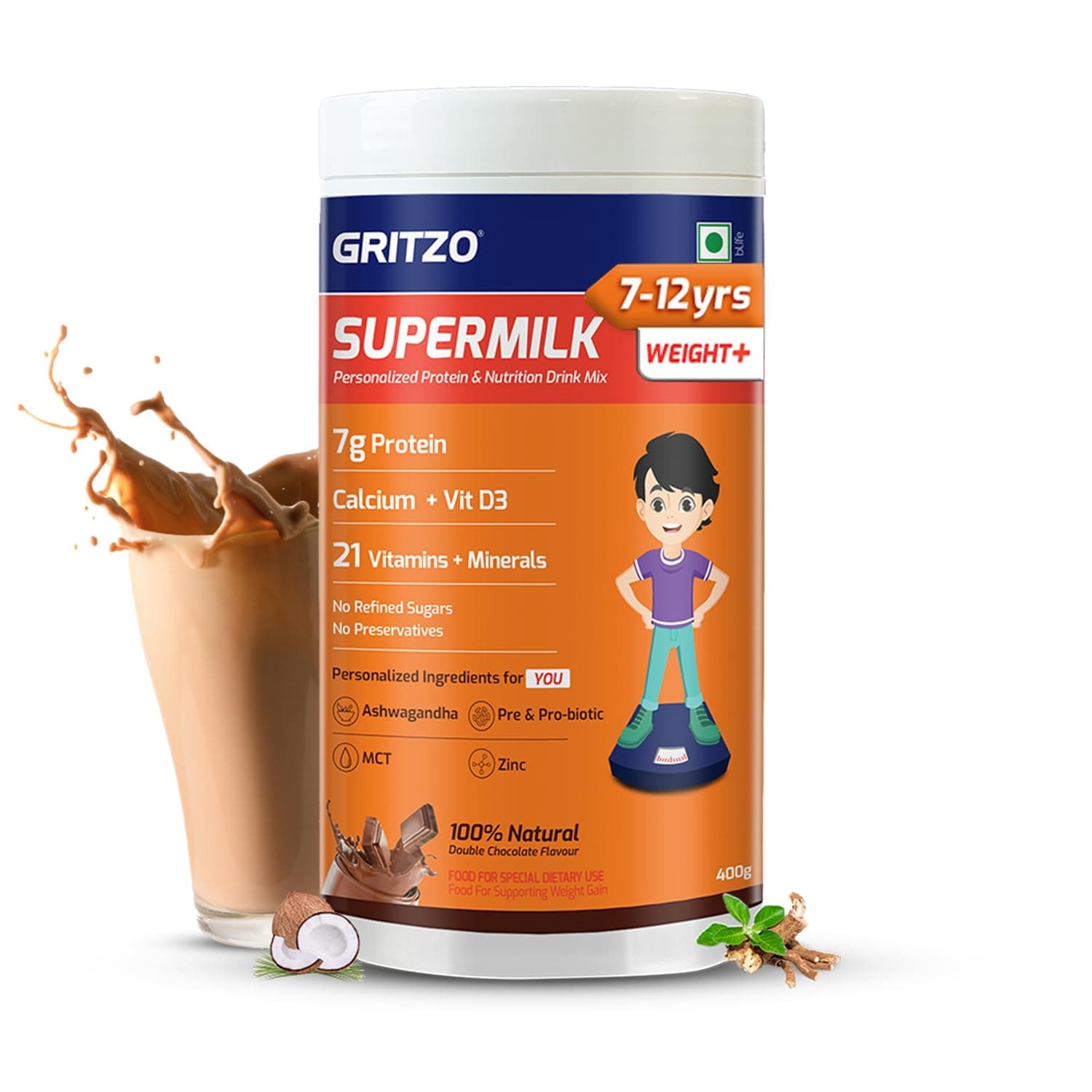 Gritzo SuperMilk Weight+ (8-12 Years) - Double Chocolate, 400g | 7g Protein I Zero Refined Sugar | 21 Vitamins & Minerals | 100% Veg