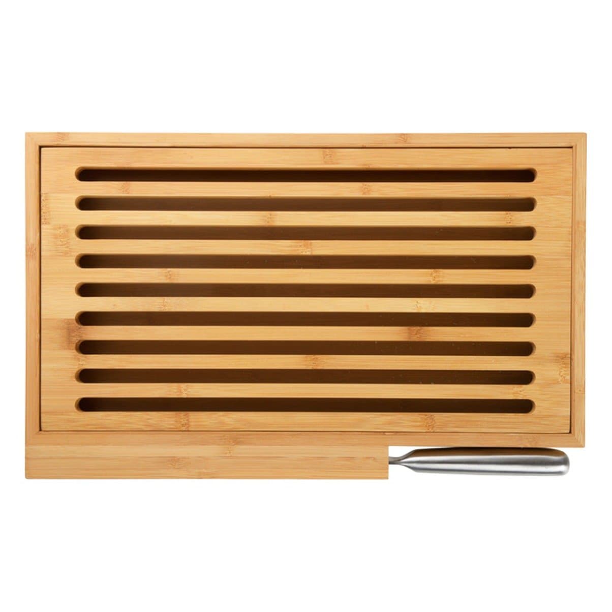 Hillfield® cutting board with bamboo cumb tray, incl. stainless steel bread knife with holder on the board, large cutting surface of 39.5 x 24 cm, removable grate for easy cleaning, Bamboo, 1 item