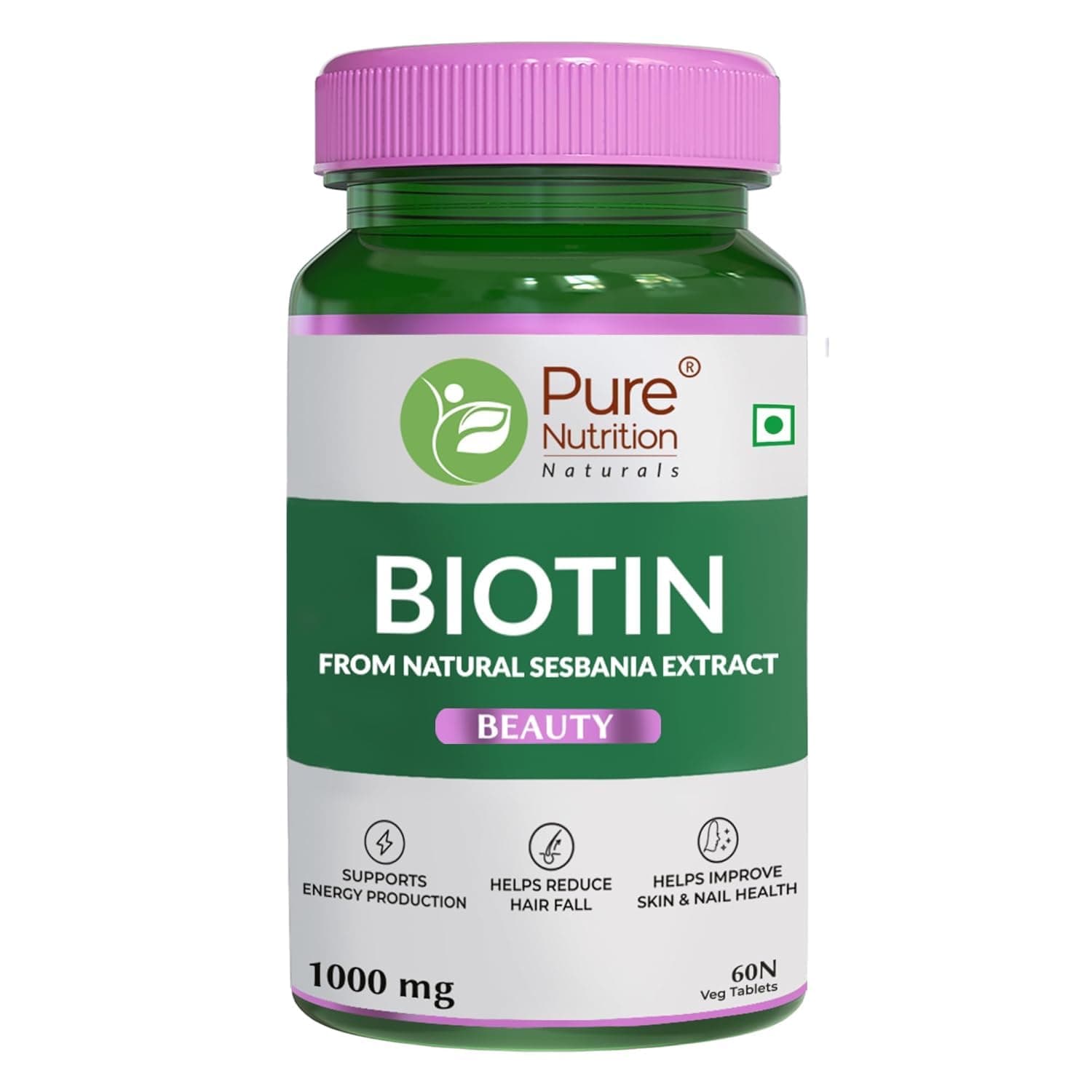 Pure Nutrition Biotin 60 Tabs with Sesbania Grandiflora, Bamboo Shoot, Moringa Leaf, Amla Extracts & Multiminerals for Hair Growth, Glowing Skin & Strong & Healthy Nails