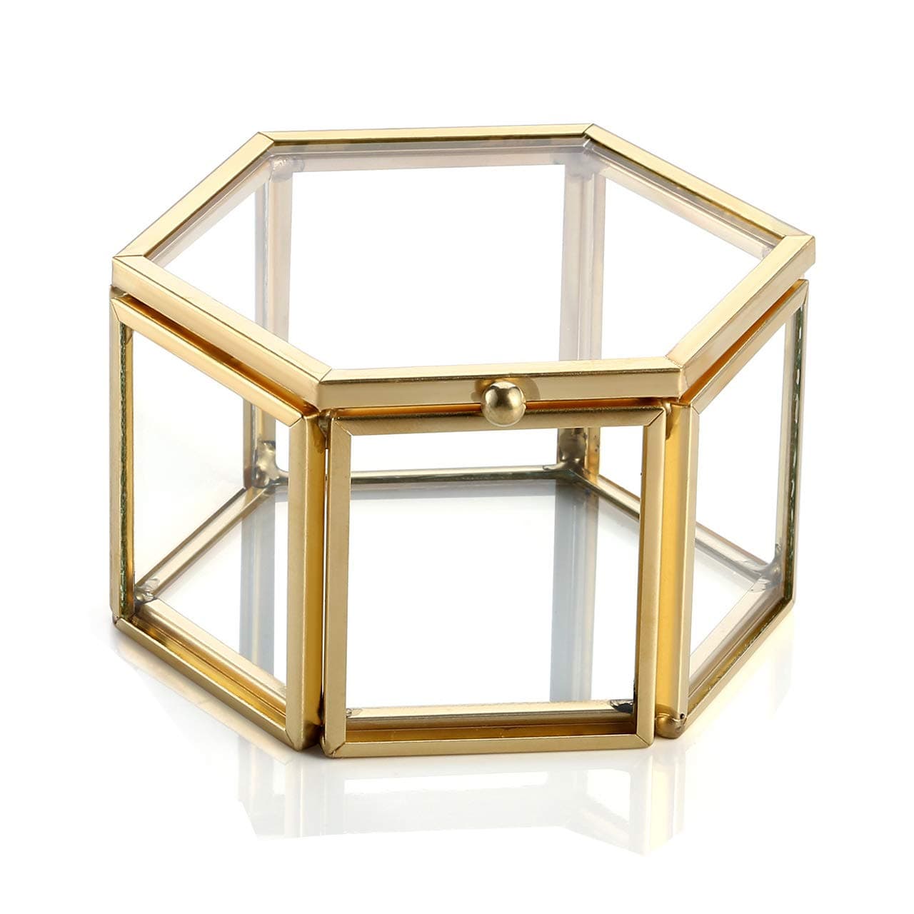 Jovivi Gold Copper Faceted Hexagonal Clear Glass Lid Terrarium Box/Bracelet Ring Jewelry Display Organizer Decorative Box Case Home Desk Decor
