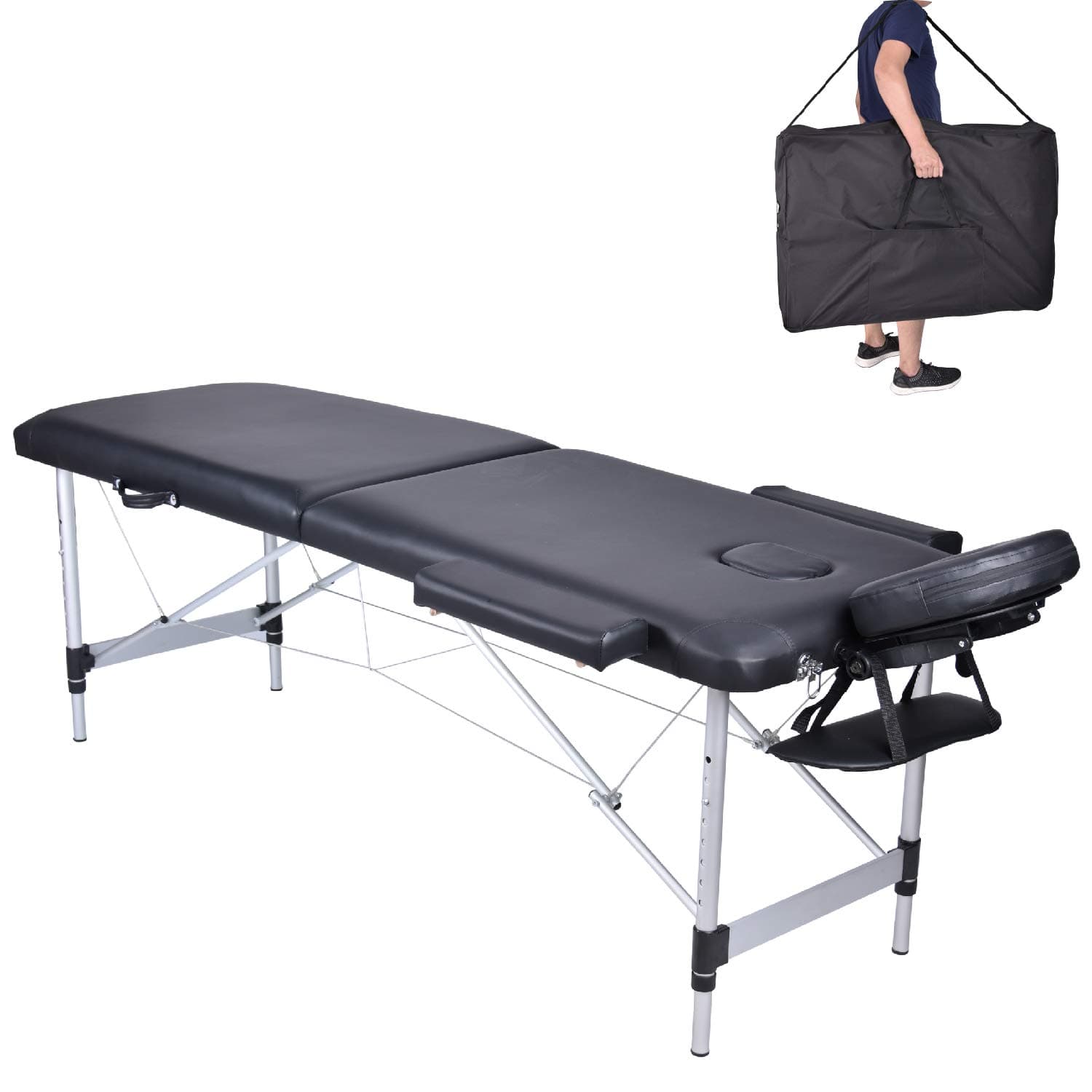 MC Star Folding 2 Section Aluminium Massage Table Portable Height Adjustable Professional Lightweight Massage Bed Beauty Treatment Couch Free Armrest Headrest Carrying Bag(Black)