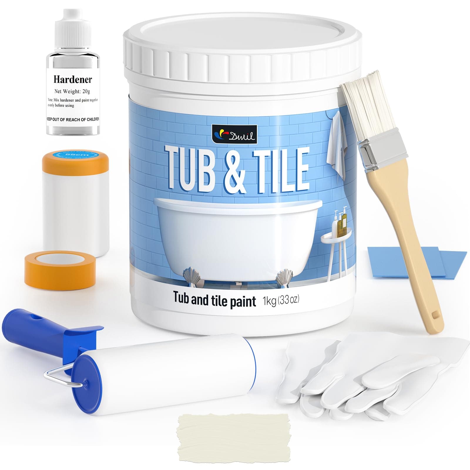 DWIL Tile and Tub Refinishing Kit 35oz With Tools, White Bathtub Paint Water-Based & Odorless, Easy to Use for Bathroom Kitchen Sink, Semi-Gloss Vanilla White