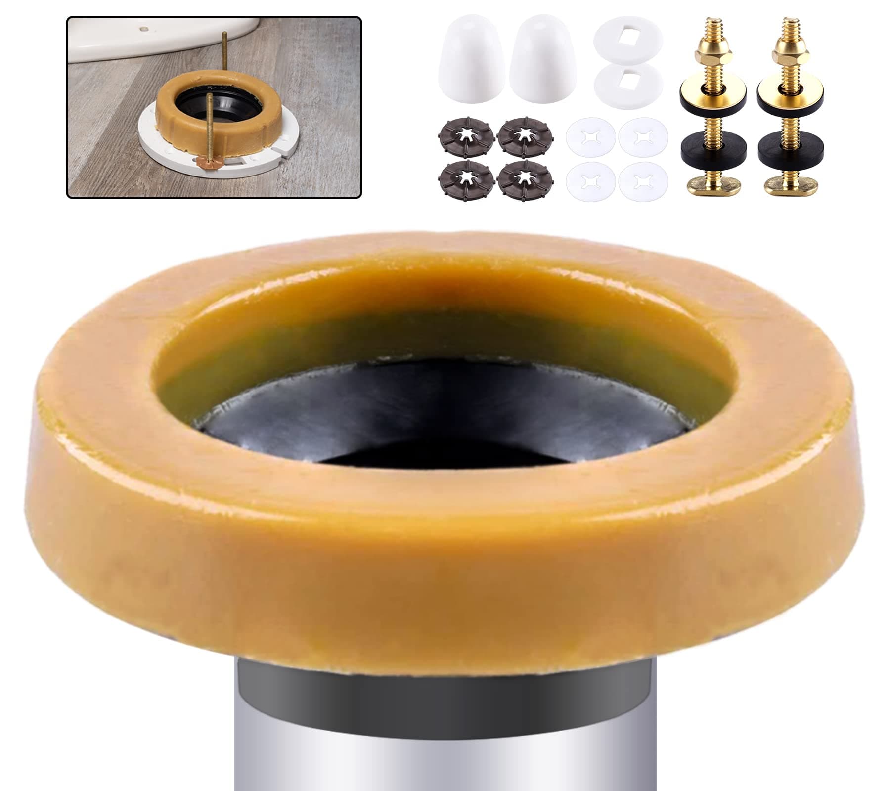 Wax Ring & Brass Bolts for Toilet Bowls Reinforced with Polyethylene Flange, Toilet Bowl Wax Gasket Seal for Floor Outlet Toilets New Install or Re-seat, Fits 3-inch or 4-inch Waste Lines