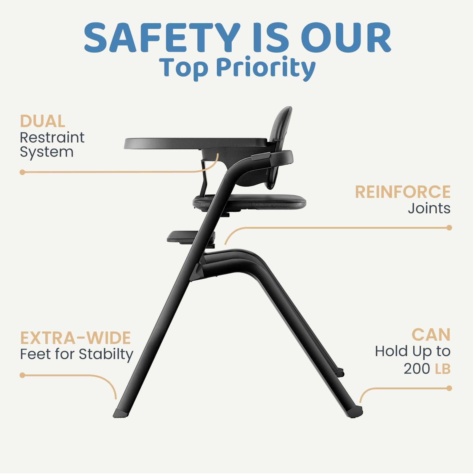 HARPPA Caspio Baby High Chair with Removable Tray and Cushion, 6-Level Adjustable Seat and Footrest, All-in-One High Chair for Babies and Toddlers, Matte Black