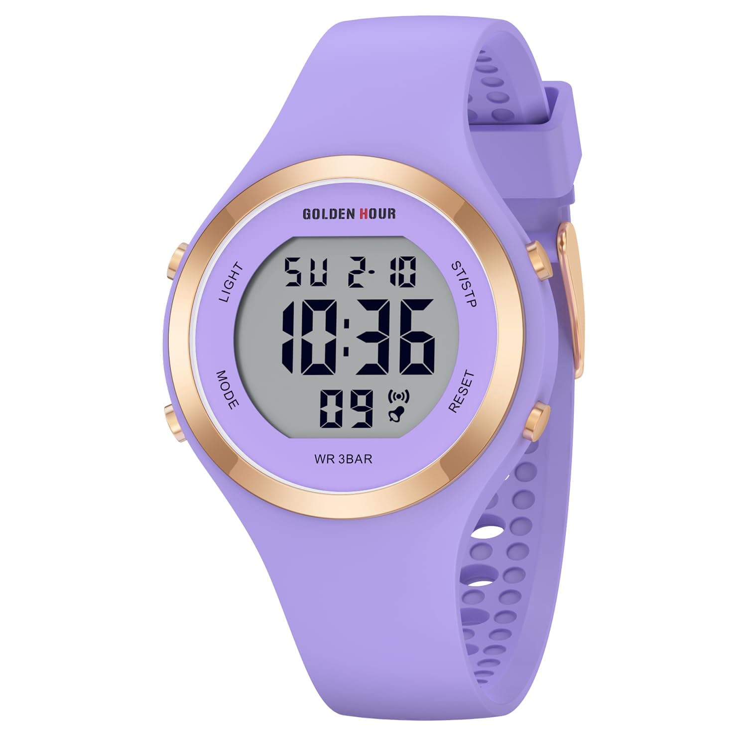 GOLDEN HOUR Waterproof Sport Women's Digital Chronograph Silicone Strap Watch in Purple