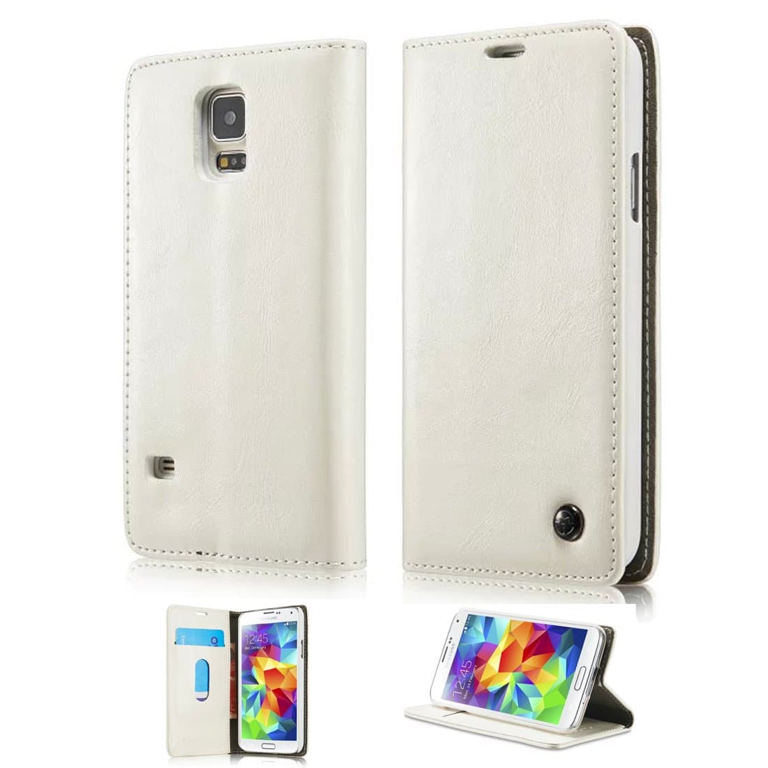 Galaxy S5 Mini Dermis Wallet Flip case,KaLaBan Leather Wallet Flip Cover Wallet Folio - Classic Leather Wallet Type Case with Magnetic suction wallet Case for Samsung Galaxy S5 Mini (White)