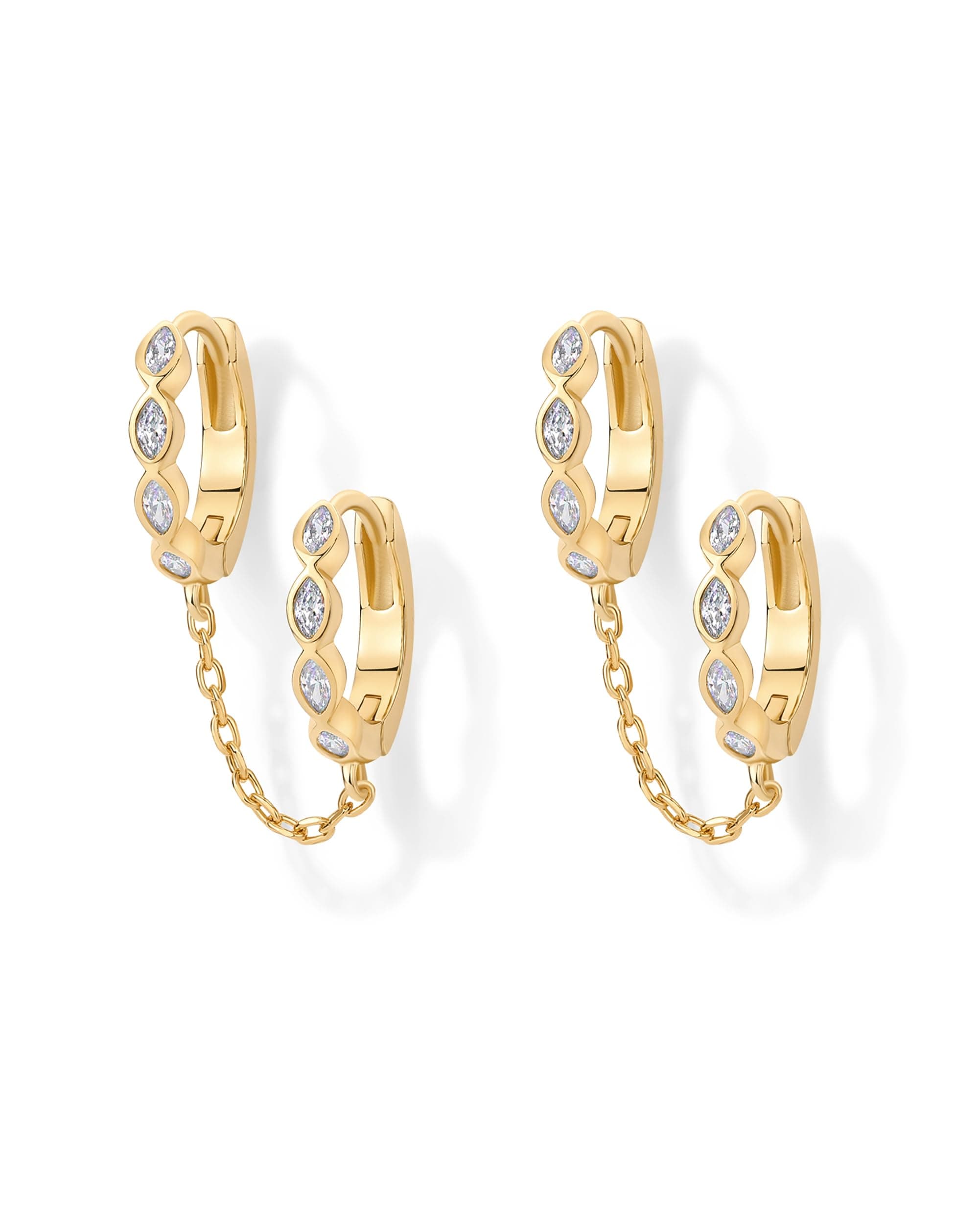 PAVOI 14K Gold Chain Earrings for Women Double Earrings Dangle Chain Huggie Hoop Earrings Cubic Zirconia Pearl Stud Ear Cuff Earrings for Women, Yellow Gold, Cubic Zirconia