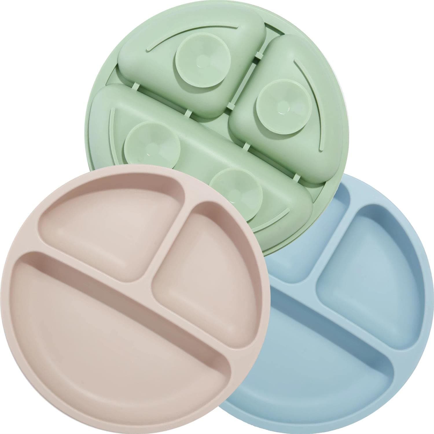 PandaEar Divided Unbreakable Silicone Baby and Toddler Plates - 3 Pack - Non-Slip - Dishwasher and Microwave Safe -Blue Green Brown