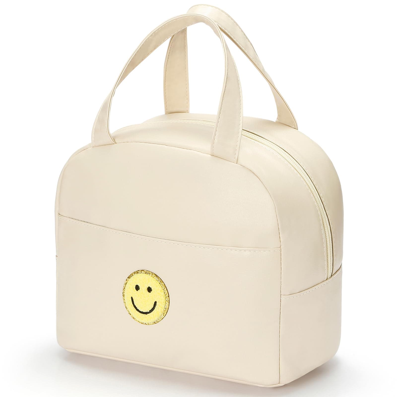 Lunch Bag for Women Large Insulated Box Reusable Tote with Preppy Bag,Soft Leather Lunchbag Work Picnic Travel (White)