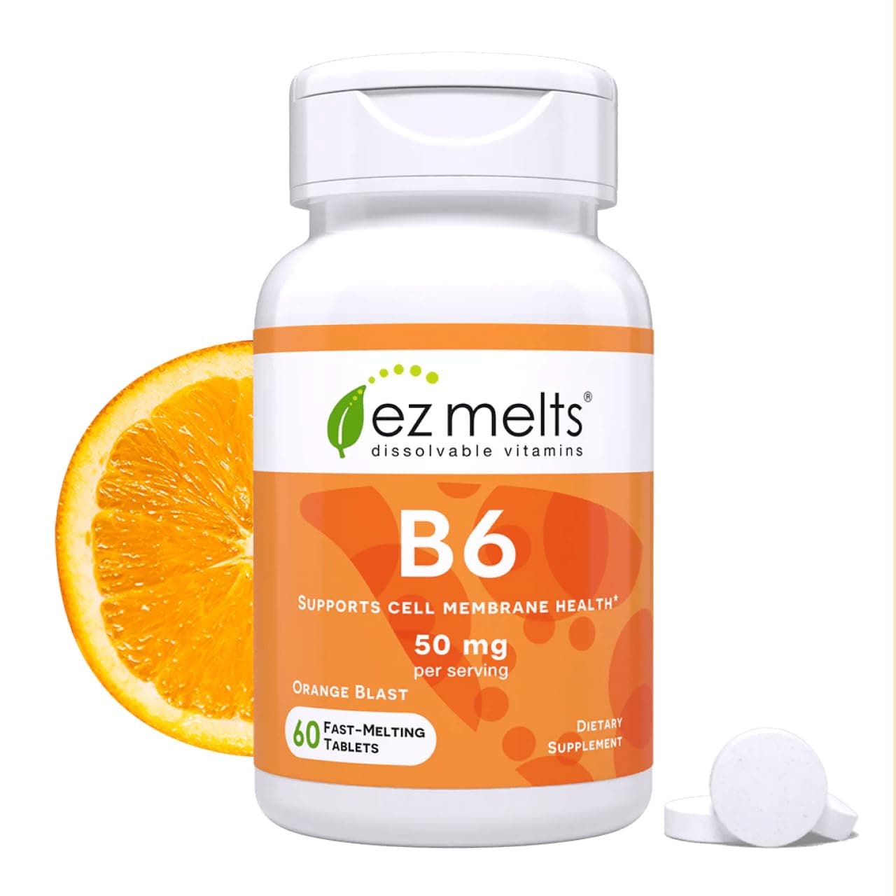 EZ Melts Vitamin B6 - Brain & Heart Health Supplement - Energy Metabolism Support - No Artificial Flavors - Non-GMO & Vegan - Orange Blast - 60 Dissolvable Tablets (30 Servings)
