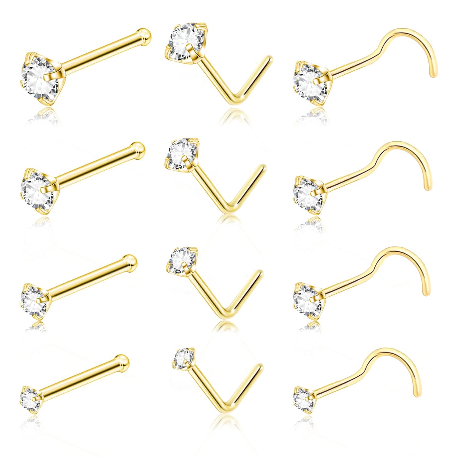 DAILI20G Gold Nose Rings Studs: Surgical Steel L Shaped Nose Studs Hypoallergenic Corkscrew Nose Rings Tiny CZ Bone Zircon nose stud set for Women Men (12Pcs)