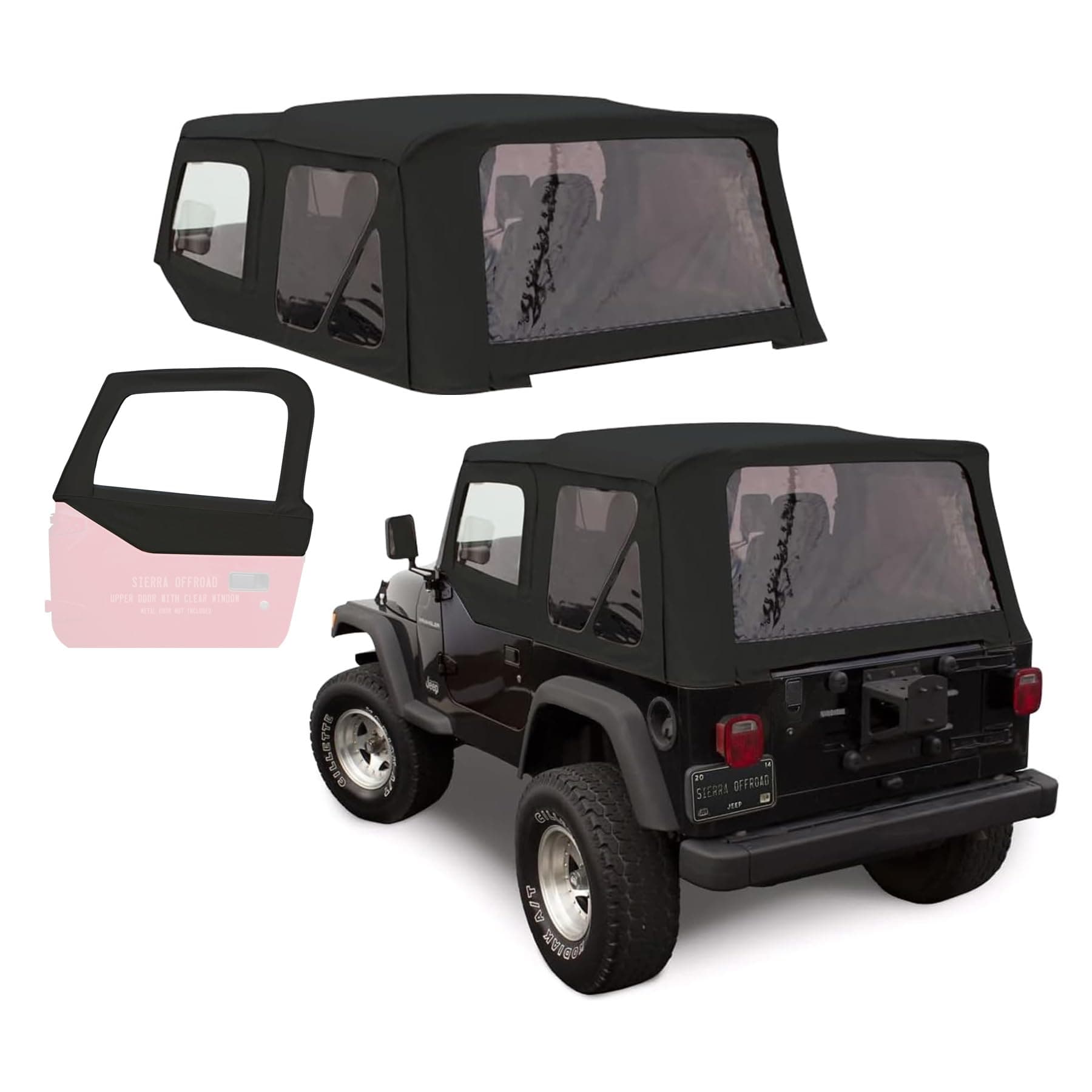 Sierra Offroad Soft Top for 1997 to 2006 Jeep Wrangler TJ - Black, Sailcloth Vinyl - 2 Door Jeep Soft Top with Rear Plastic Tinted Windows - Factory Precision Fit Replacement - with Upper Door Skins