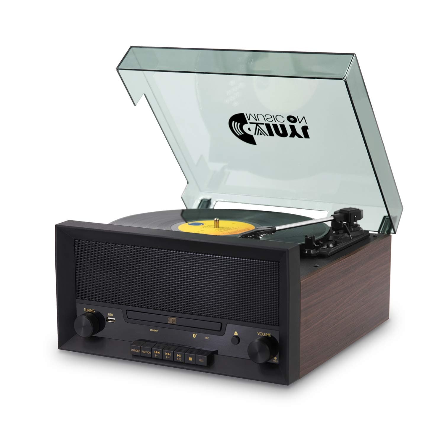 VINYL MUSIC ON Turntable Music Center with Built-in Stereo Speakers, 8-in-1 Nostalgic Classic Wood Bluetooth Record Player with USB Play&Encoding, CD Player and FM Radio