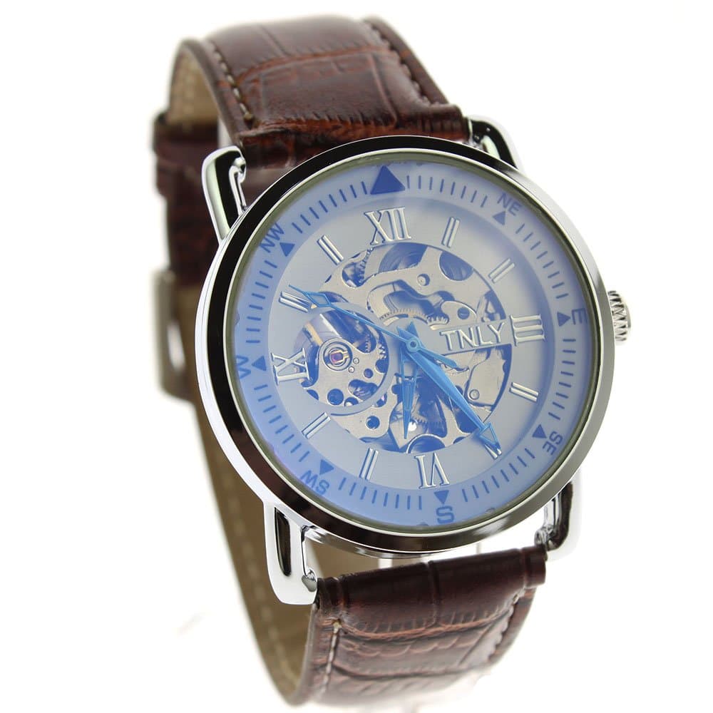 Itemstoday Leather Band Blue Hands Automatic Skeleton Dial Mens Mechanical Wristwatch