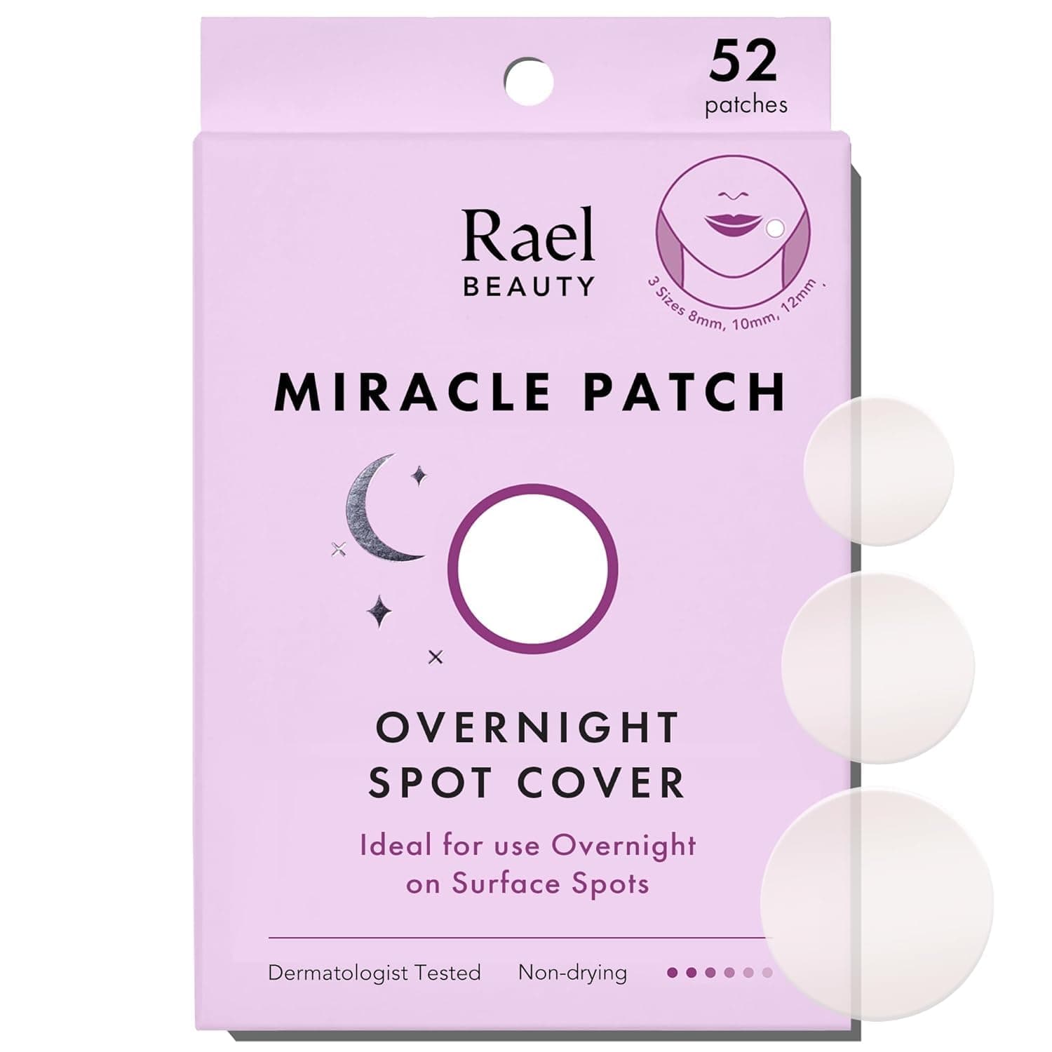 Rael Pimple Patches, Miracle Overnight Spot Cover - Korean Skincare, Hydrocolloid Acne Spot Patch, Thicker & Extra Adhesion, 3 Sizes (52 Count)