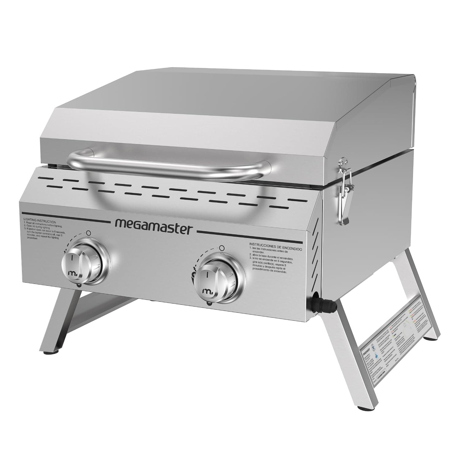 Megamaster 2-Burner Stainless Steel Portable Gas Grill with Built-In Lid, 16,000 BTUs, Foldable Legs, Small Propane Grill for Outdoor Cooking, Camping, Tailgating, Patios, and More - 820-0033M
