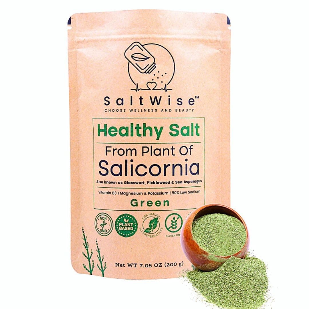 SaltWise Salicornia Green Salt – 50% Less Sodium, Plant-Based Salt Substitute, 100% Dehydrated Salicornia, Natural Umami, No additives (7.05 oz / 200g)