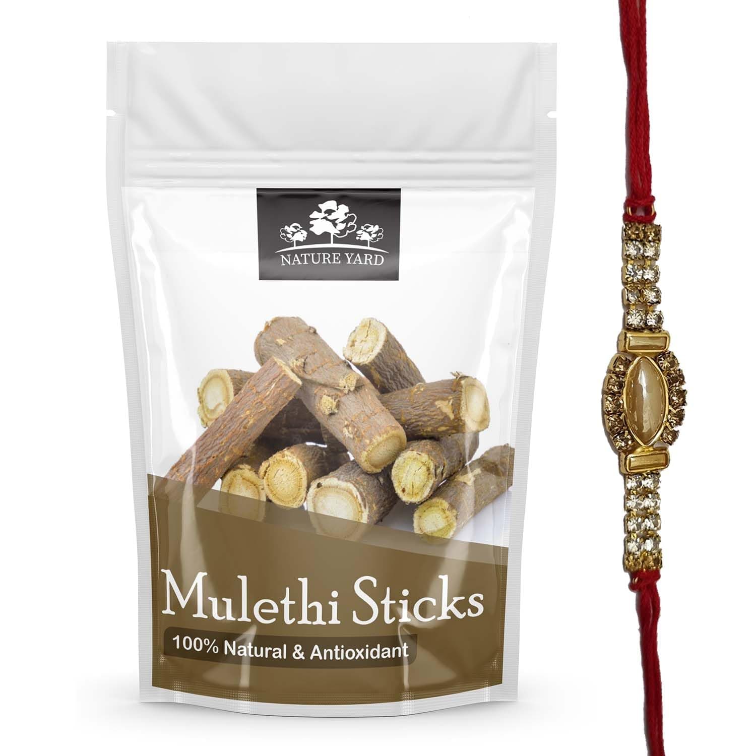Mulethi Stick Organic for Eating - 200 Gm - Rakhi Gift For Brother- Designer Golden Stone Rakhi Gifting Set (200gm + 1 Rakhi)