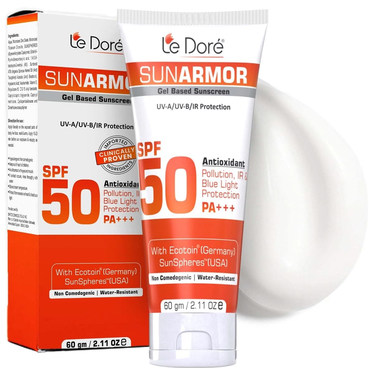 Le Dore Sunarmor SPF 50 PA+++ Gel Sunscreen | Broad Spectrum Protection from UVA/UVB, IR, Blue Light & Pollution | Lightweight, Non-Greasy & Hydrating | With Hyaluronic Acid & Antioxidants | 60g
