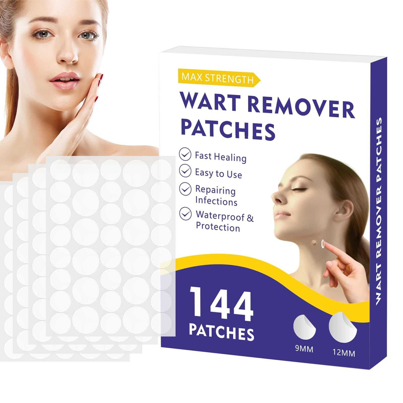 Wart Remover Patches, Skin Care Removal Patches with Maximum Strength, Fast & Easy Operate Hydrocolloid Waterproof Invisible Sticker for All Skin Types-144pcs