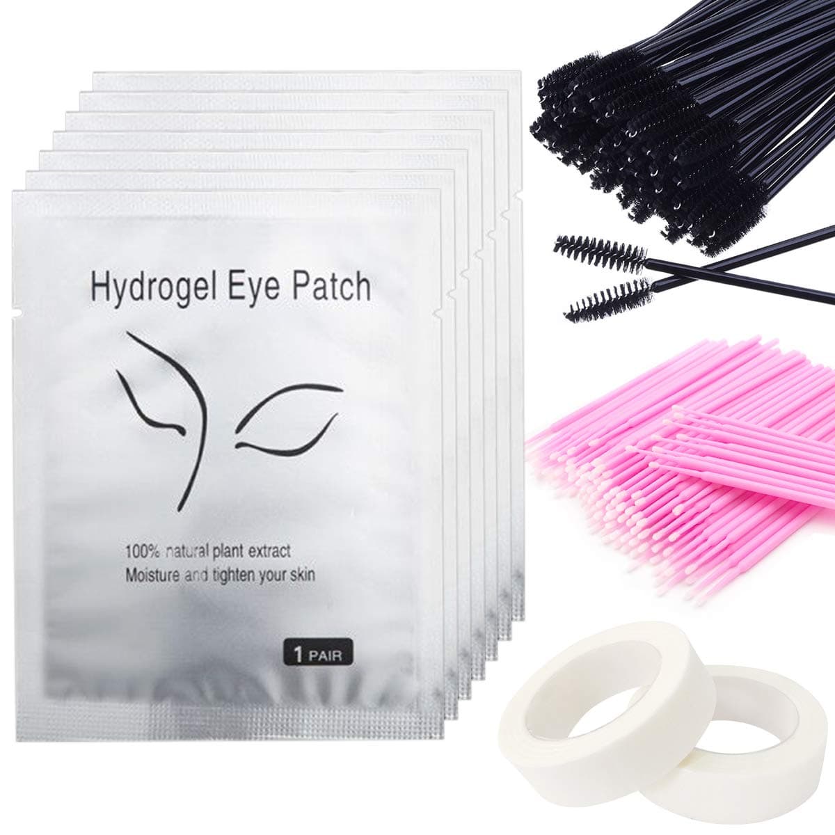 50Pcs Under Eye Pads Lint Free Lash Extension Eye Gel Patches,100Pcs Eyelash Mascara Brushes Wands Applicator Makeup Brush,100Pcs Micro Applicators Brushes,2 Rolls Eyelash Tapes