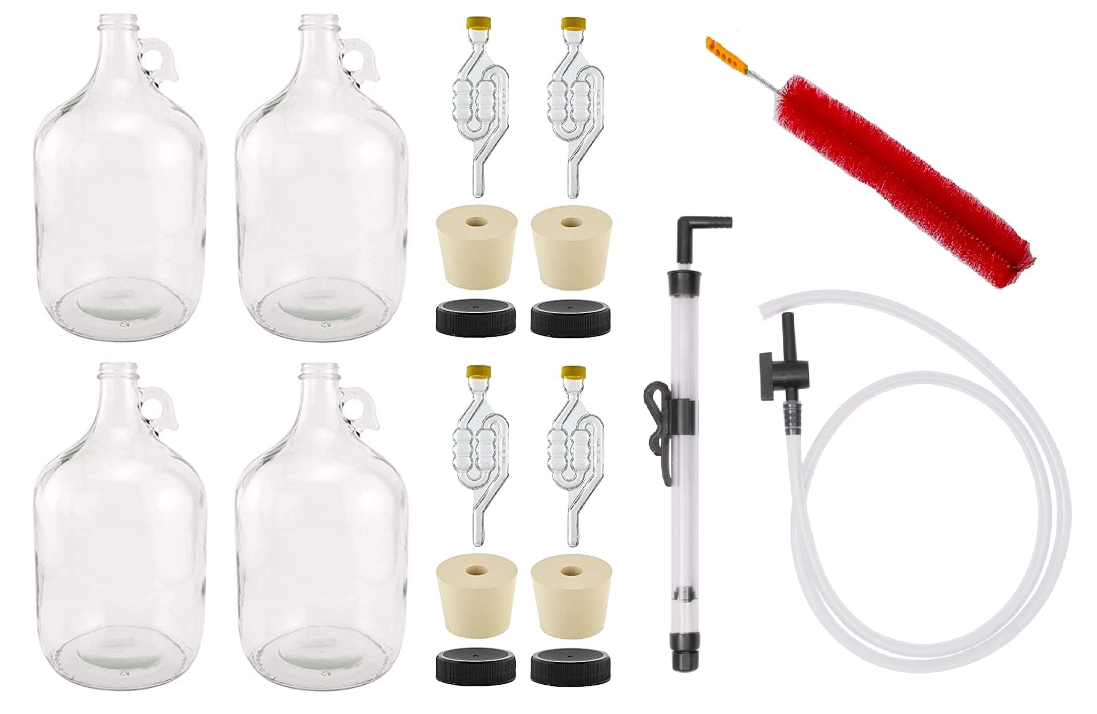 North Mountain Supply 1 Gallon Glass Fermenting Jug with Handle, 6.5 Rubber Stopper, 6-Bubble Airlock, & Black Plastic Lid -Set of 4 -with Quick Start Auto Siphon, Hose, Valve, Clip & Cleaning Brush
