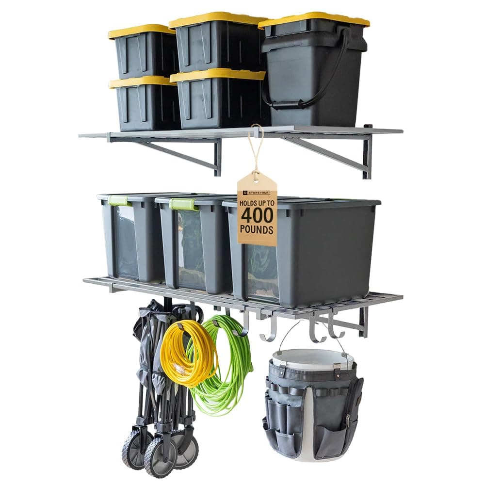 StoreYourBoard 2-Pack 2x4ft Garage Shelving Wall Mounted with Hooks, Heavy-Duty Garage Storage Shelves, Holds 200 lbs Each, Shelves for Organization & Storage Bins